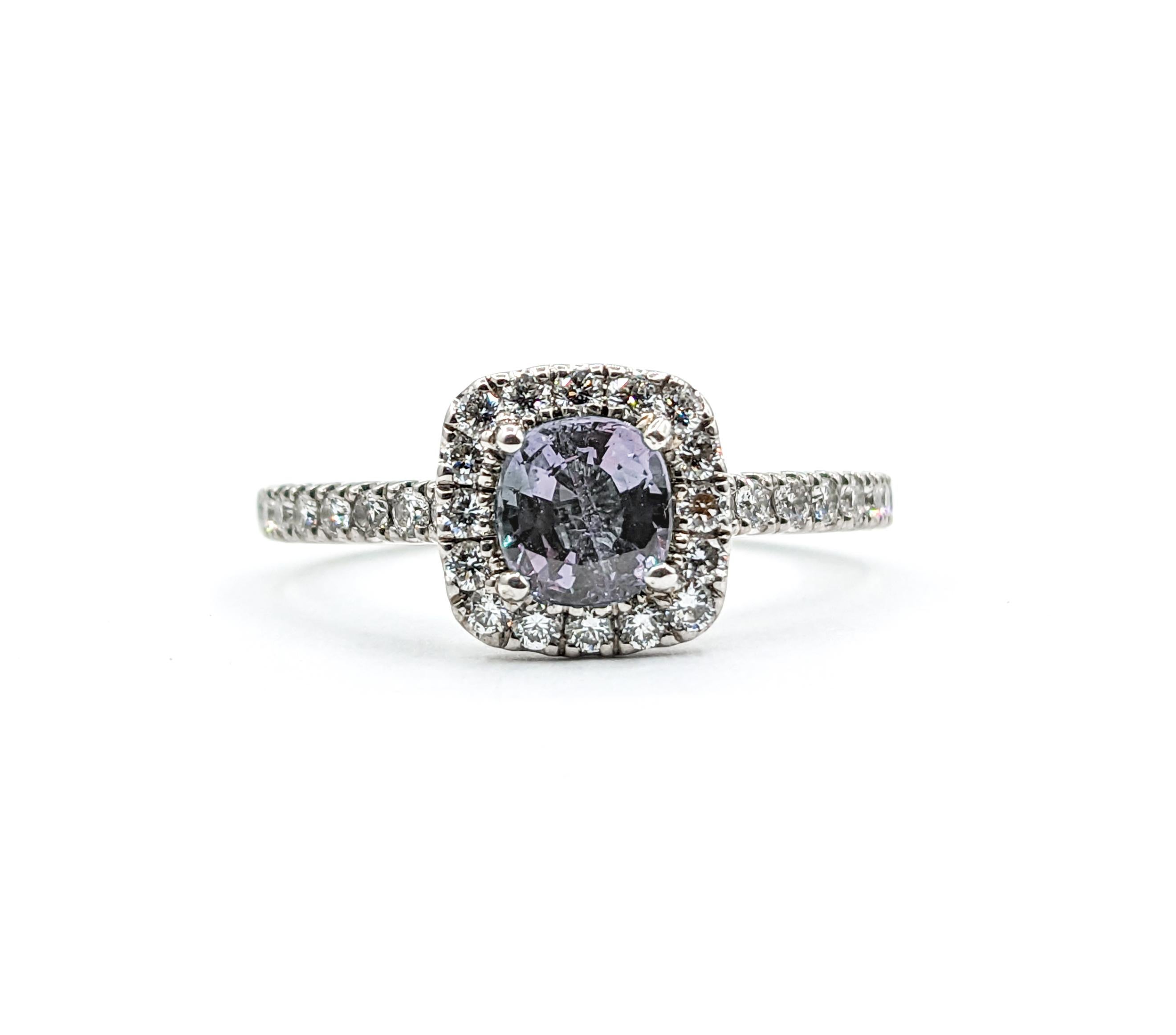 Cushion Cut Natural .65 Alexandrite & Diamond Ring in White Gold For Sale