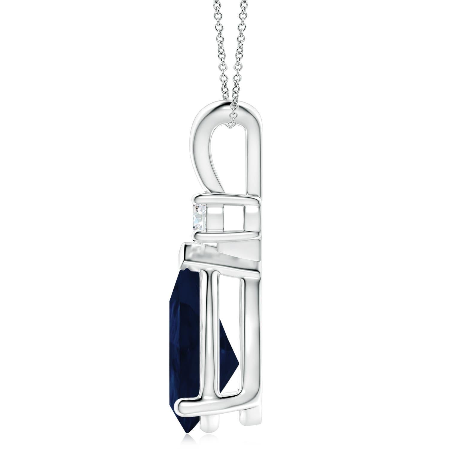 This classic solitaire pendant features a pear-shaped sapphire secured in a prong setting. A brilliant round diamond sits atop the blue gemstone adding to the design's charm. Simple yet appealing, this sapphire pendant in 18k white gold is crafted