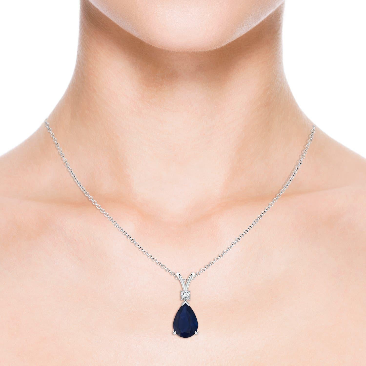 Pear Cut Natural 6.5 ct Blue Sapphire Teardrop Pendant with Diamond in 18K White Gold For Sale