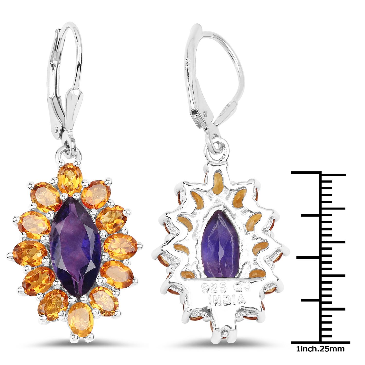 Contemporary Natural 6.55 Carat Madeira Citrine & Amethyst Dangle Earrings Sterling Silver For Sale