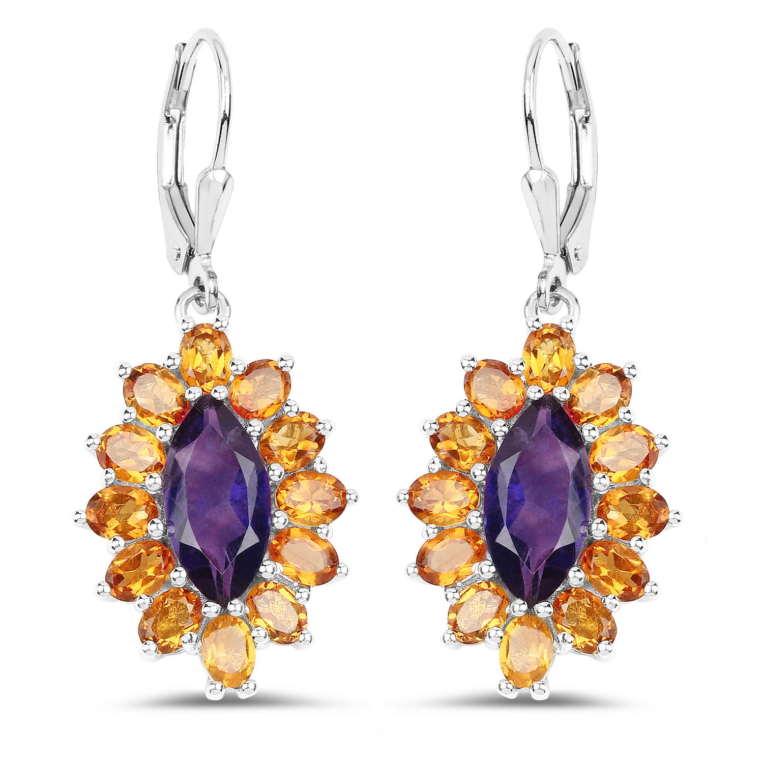 Marquise Cut Natural 6.55 Carat Madeira Citrine & Amethyst Dangle Earrings Sterling Silver For Sale