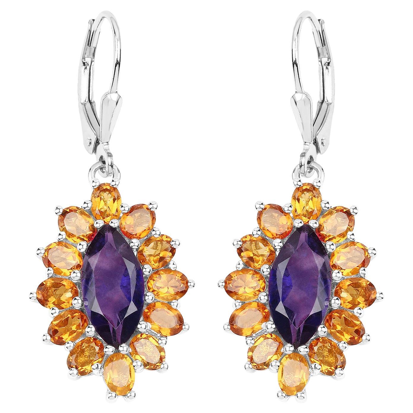Natural 6.55 Carat Madeira Citrine & Amethyst Dangle Earrings Sterling Silver