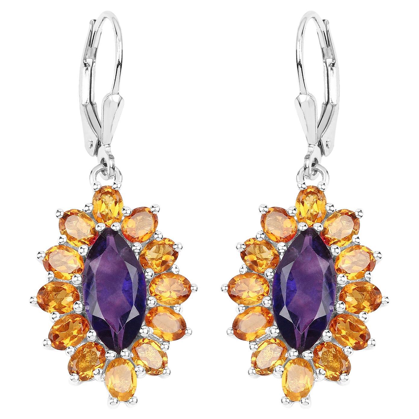 Natural 6.55 Carat Madeira Citrine & Amethyst Dangle Earrings Sterling Silver For Sale