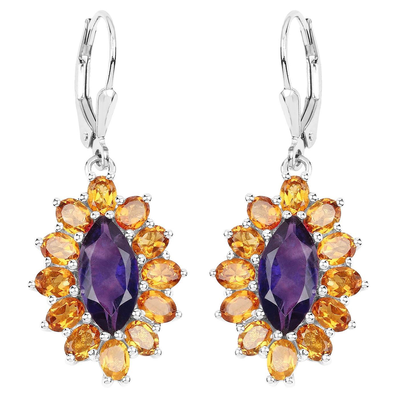 Natural 6.55 Carat Madeira Citrine & Amethyst Dangle Earrings Sterling Silver For Sale