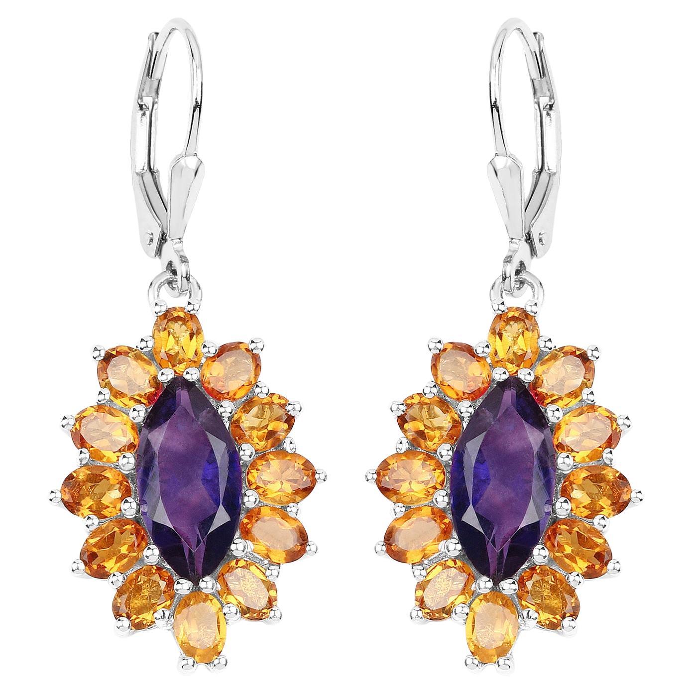 Natural 6.55 Carat Madeira Citrine & Amethyst Dangle Earrings Sterling Silver