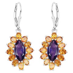 Natural 6.55 Carat Madeira Citrine & Amethyst Dangle Earrings Sterling Silver