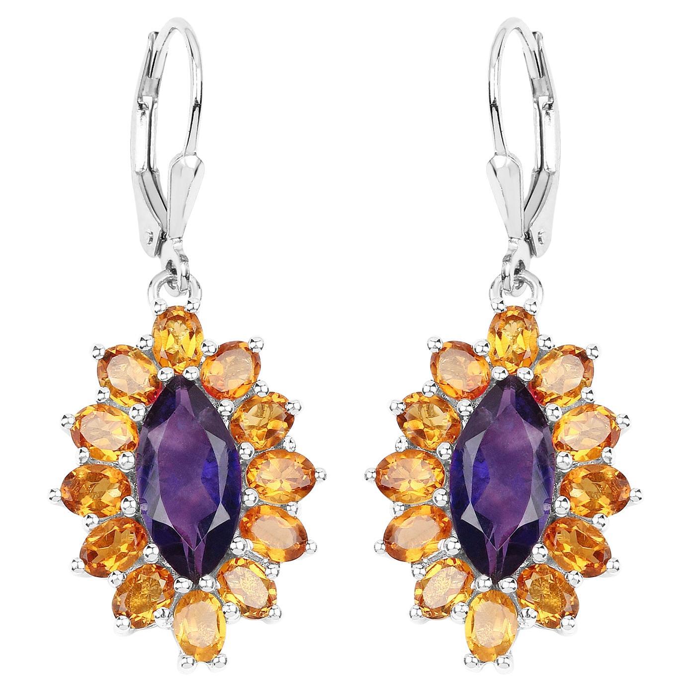 Natural 6.55 Carat Madeira Citrine & Amethyst Dangle Earrings Sterling Silver