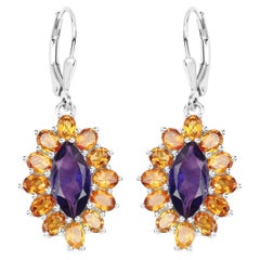 Natural 6.55 Carat Madeira Citrine & Amethyst Dangle Earrings Sterling Silver