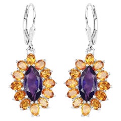Natural 6.55 Carat Madeira Citrine & Amethyst Dangle Earrings Sterling Silver