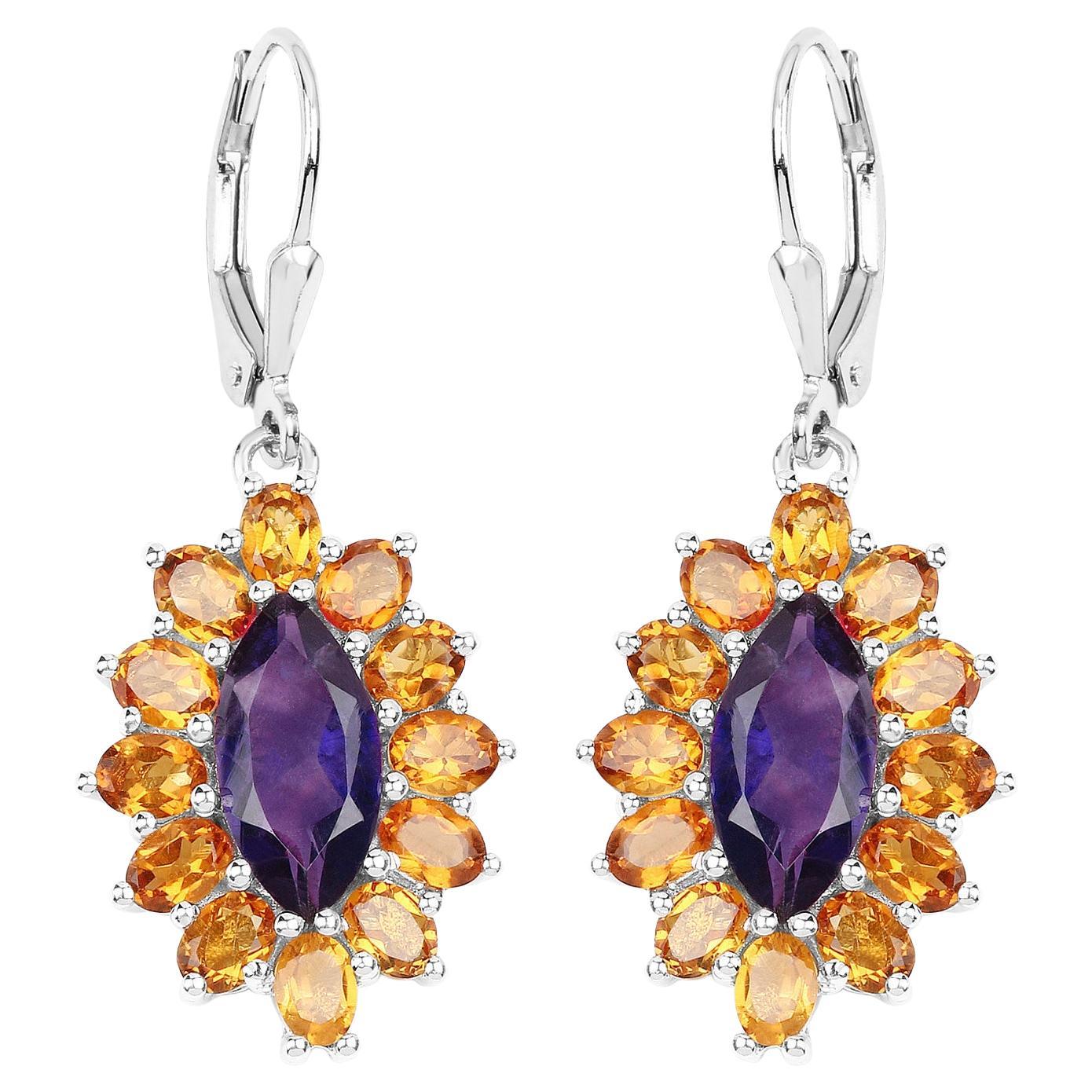 Natural 6.55 Carat Madeira Citrine & Amethyst Dangle Earrings Sterling Silver For Sale