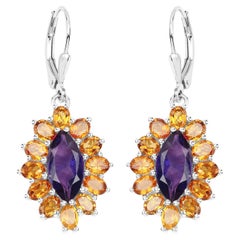 Natural 6.55 Carat Madeira Citrine & Amethyst Dangle Earrings Sterling Silver
