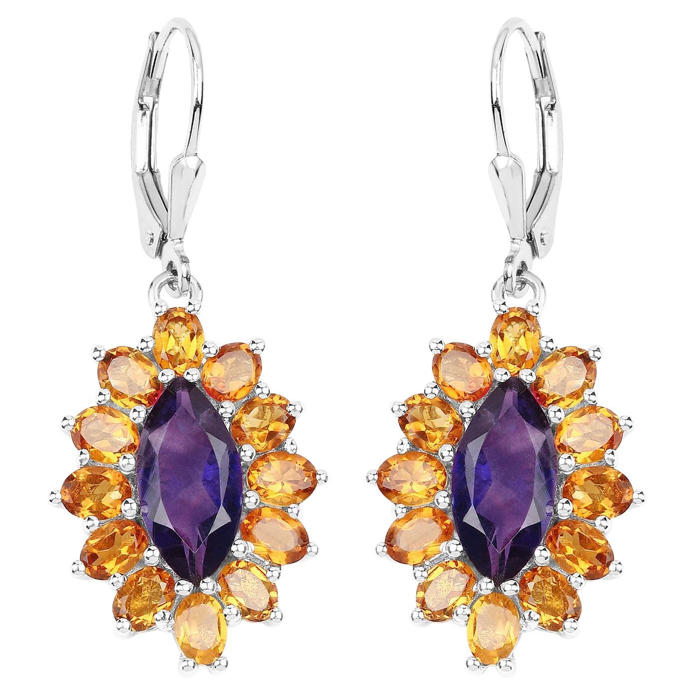 Boucles d'oreilles pendantes en argent avec citrine de Madère et améthyste de 6,55 carats en vente