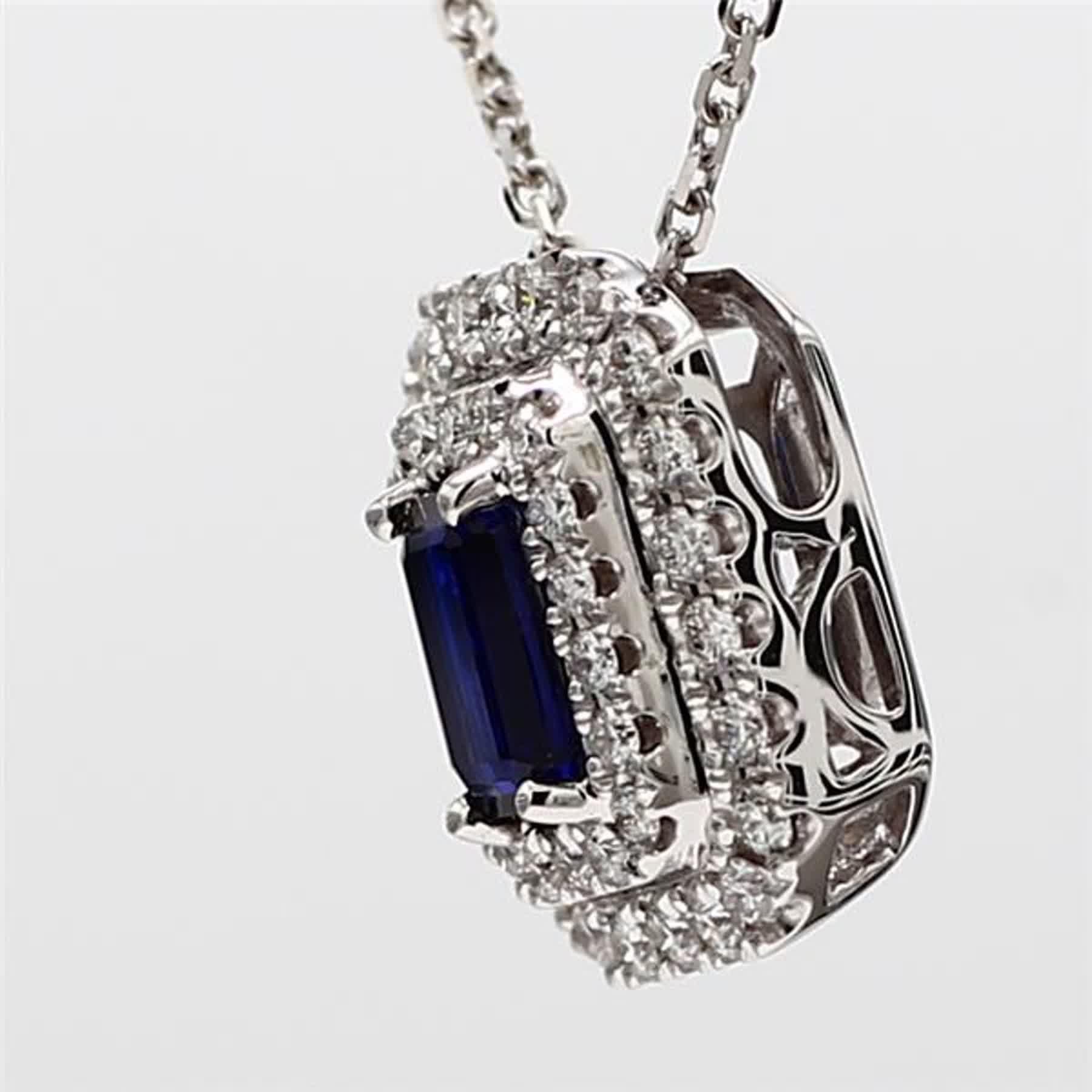 Contemporary Natural Blue Emerald Cut Sapphire and White Diamond 1.04 Carat TW Gold Pendant For Sale