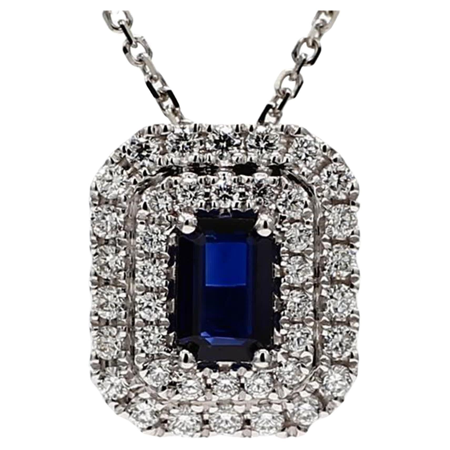 Natural Blue Emerald Cut Sapphire and White Diamond 1.04 Carat TW Gold Pendant