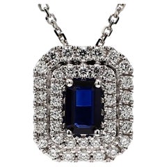 Natural Blue Emerald Cut Sapphire and White Diamond 1.04 Carat TW Gold Pendant