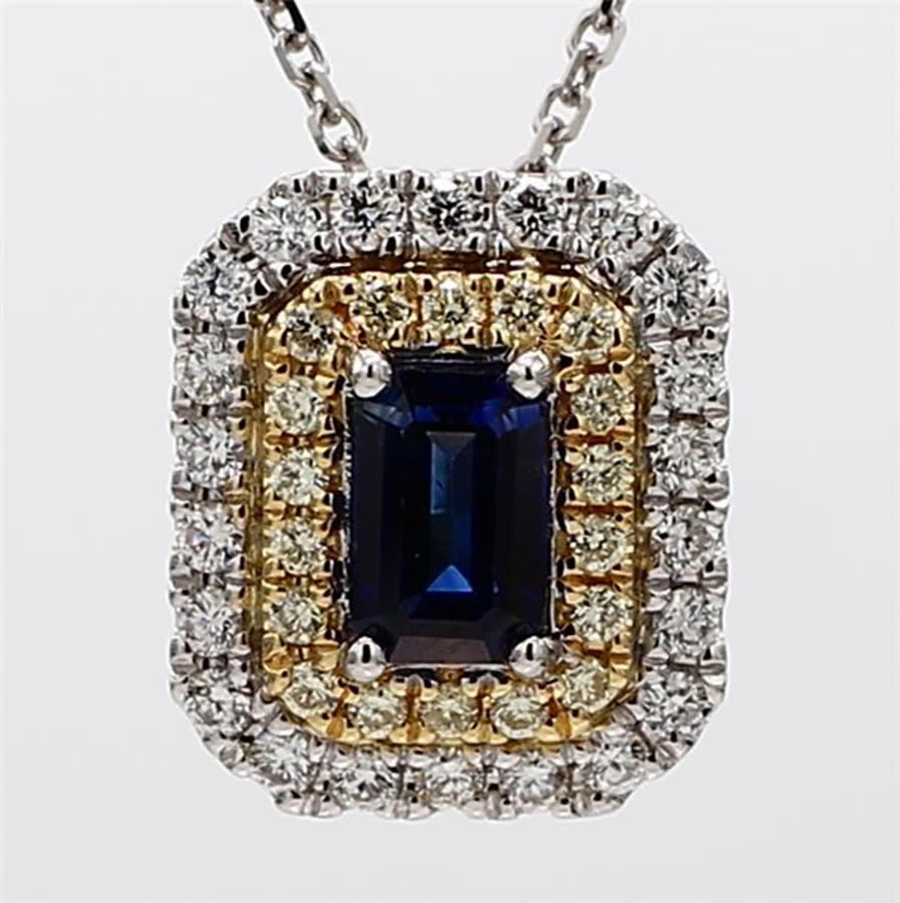 RareGemWorld's classic sapphire pendant. Mounted in a beautiful 18K Yellow and White Gold setting with a natural emerald cut blue sapphire. The sapphire is surrounded by natural round white diamond melee and natural round yellow diamond melee. This