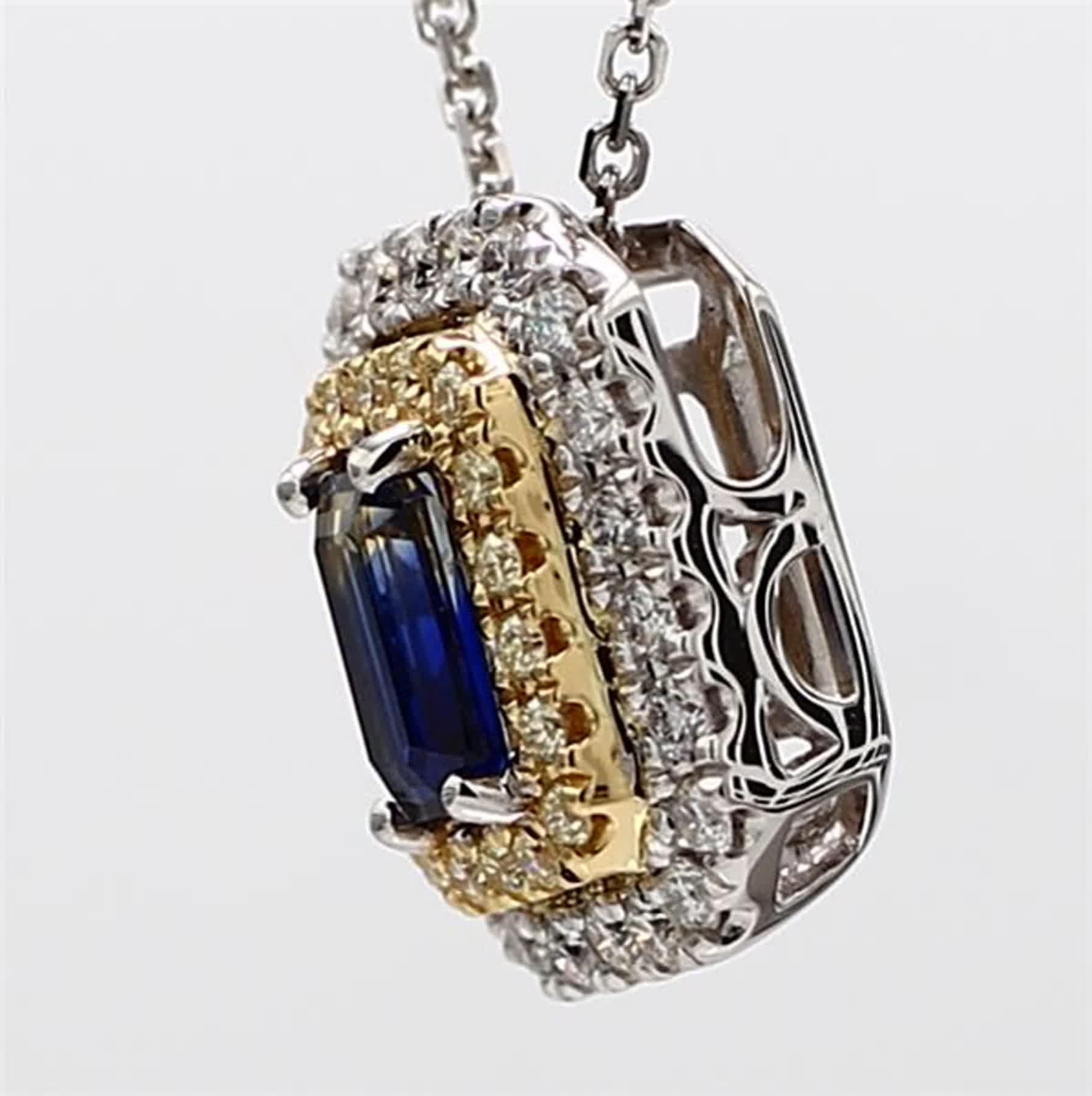 Contemporain Pendentif en saphir bleu naturel de taille émeraude et diamant jaune/blanc de 1,05 carat poids total en vente