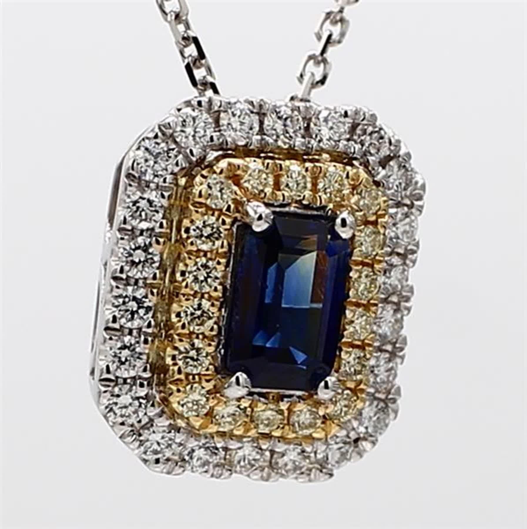 Pendentif en saphir bleu naturel de taille émeraude et diamant jaune/blanc de 1,05 carat poids total en vente 1