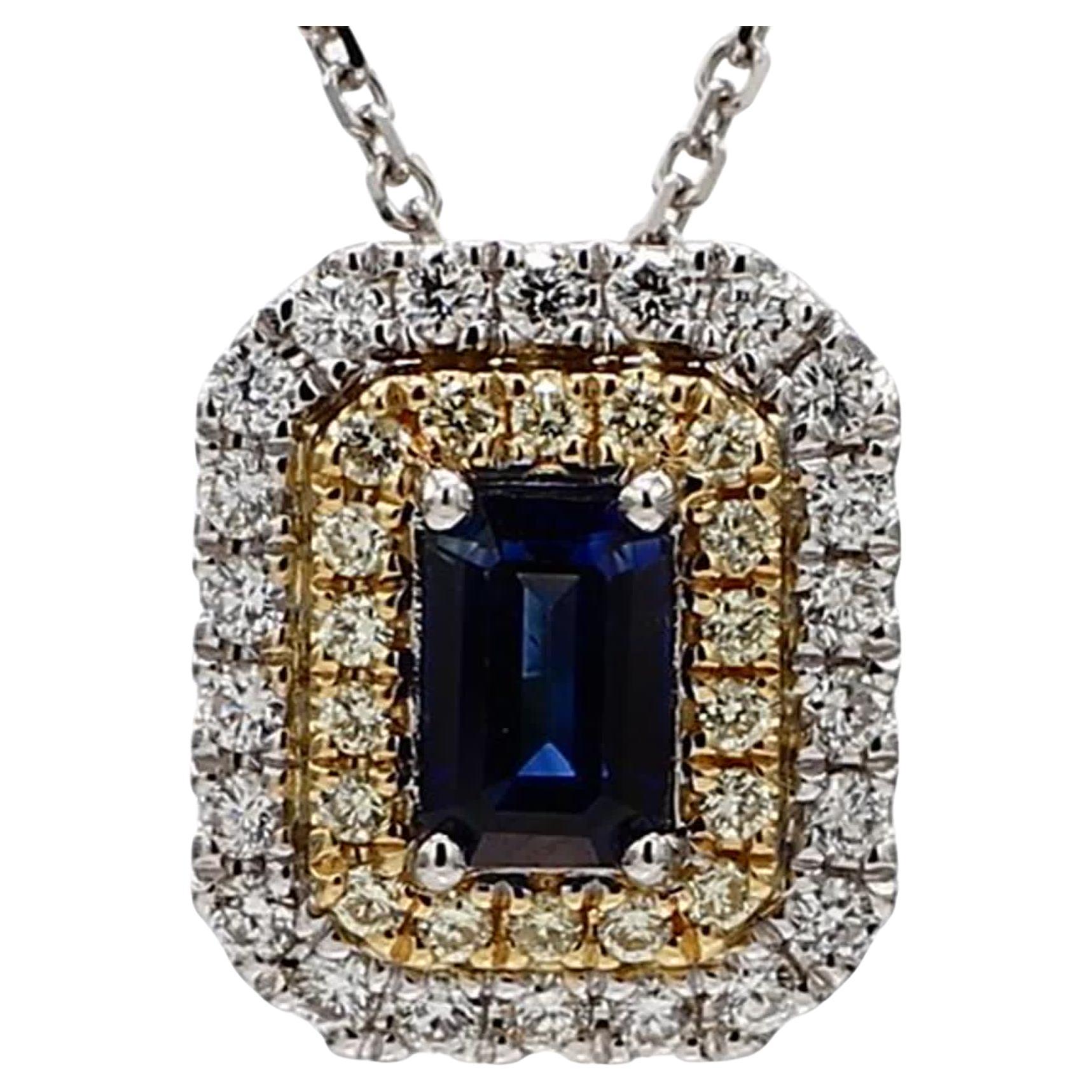 Natural Blue Emerald Cut Sapphire and Yellow/White Diamond 1.05 Carat TW Pendant For Sale