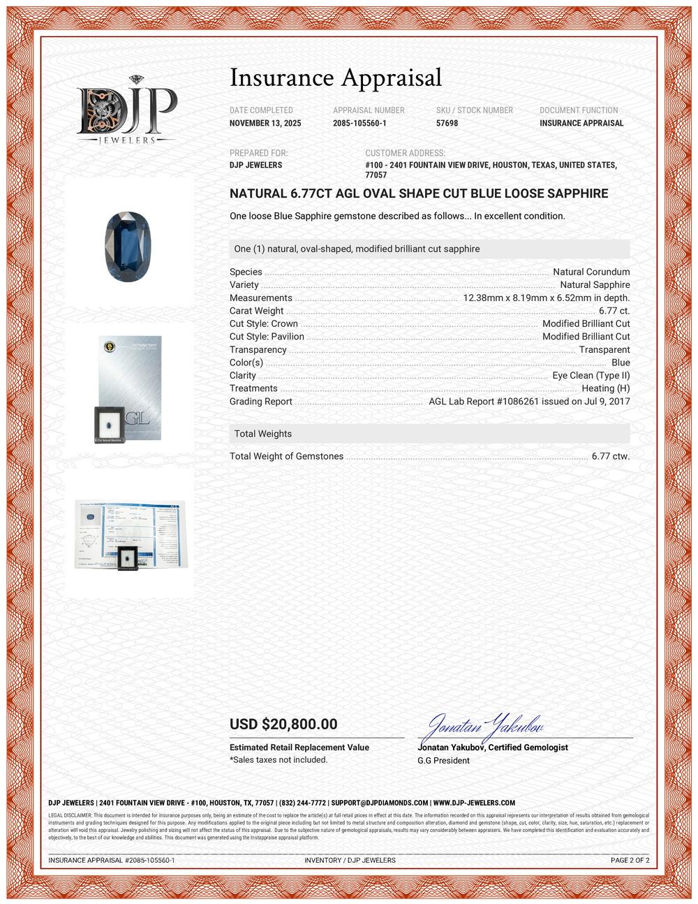 Natürlicher 6.77ct Agl Oval Form Schliff Blauer Loser Saphir im Angebot 3