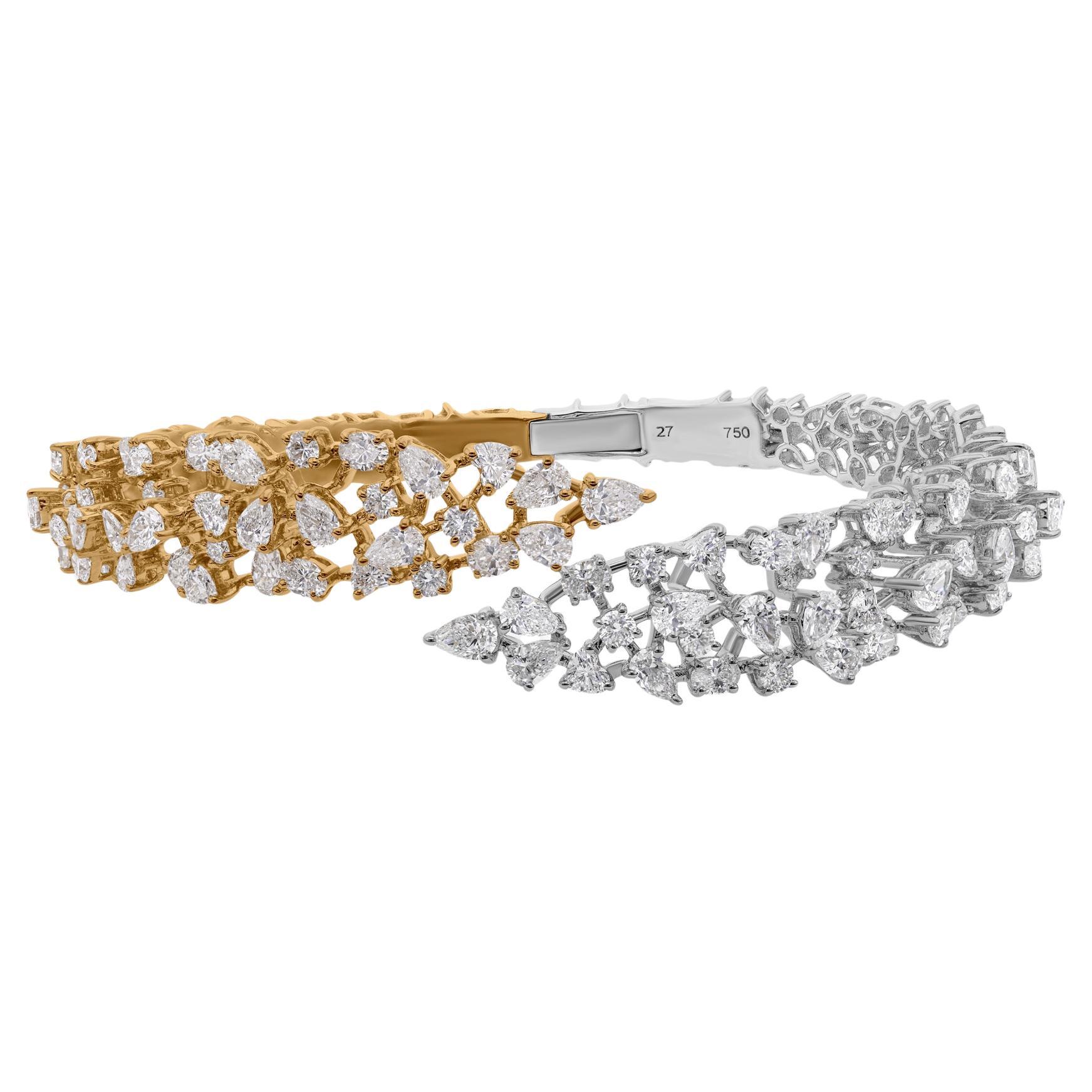 Natural 6.94 Carat SI/H Diamond Cuff Bangle Bracelet 18 Karat White Yellow Gold For Sale