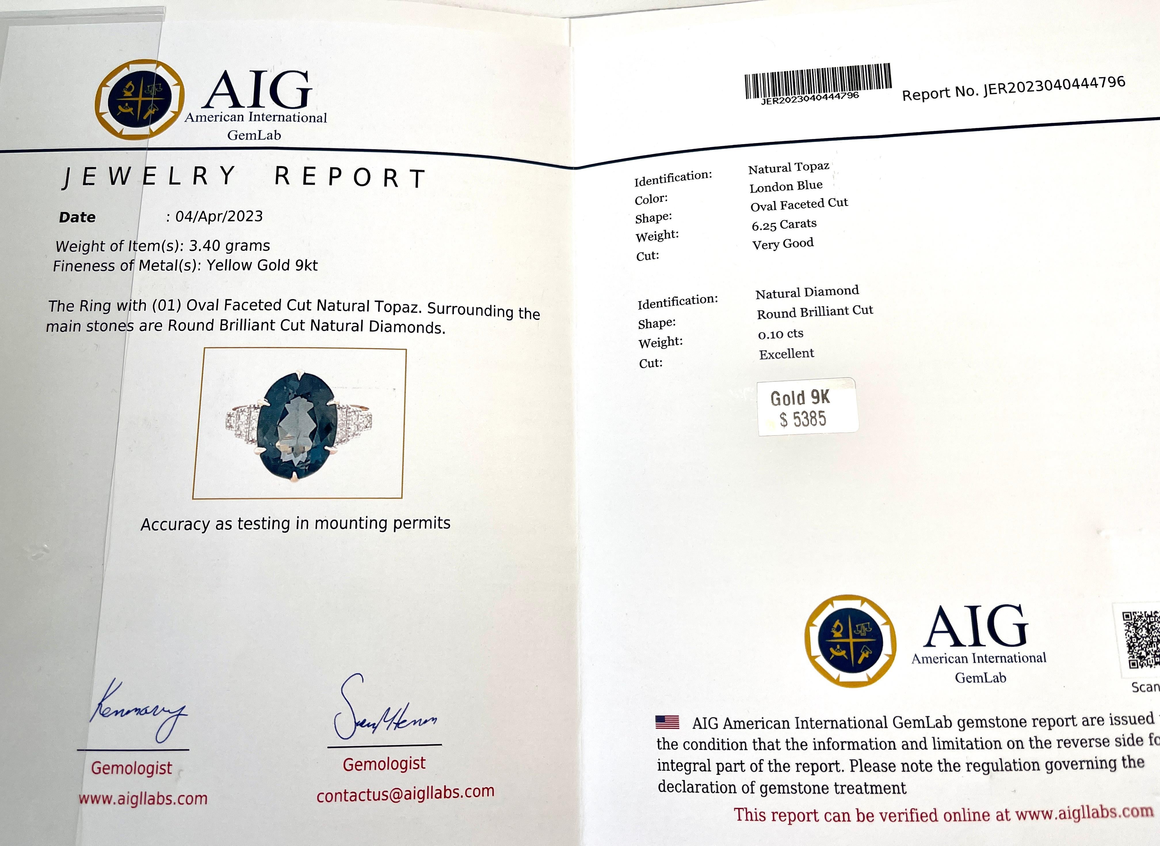 Oval Cut Natural 6ct Carat London Topaz and Diamond Ring 9ct Yellow Gold AIG Lab Report For Sale