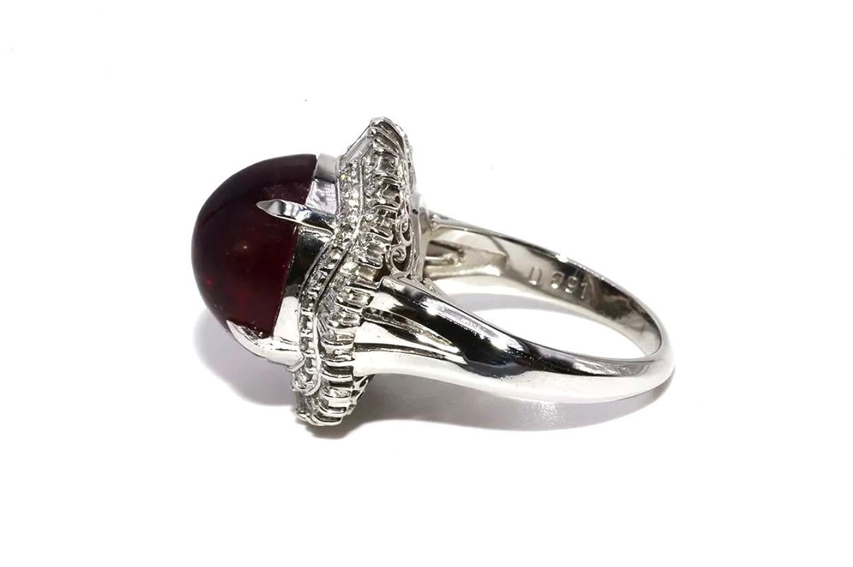 Cabochon Natural 7 Carat Red Rubelite and Diamond Cocktail Cluster Ring Platinum For Sale