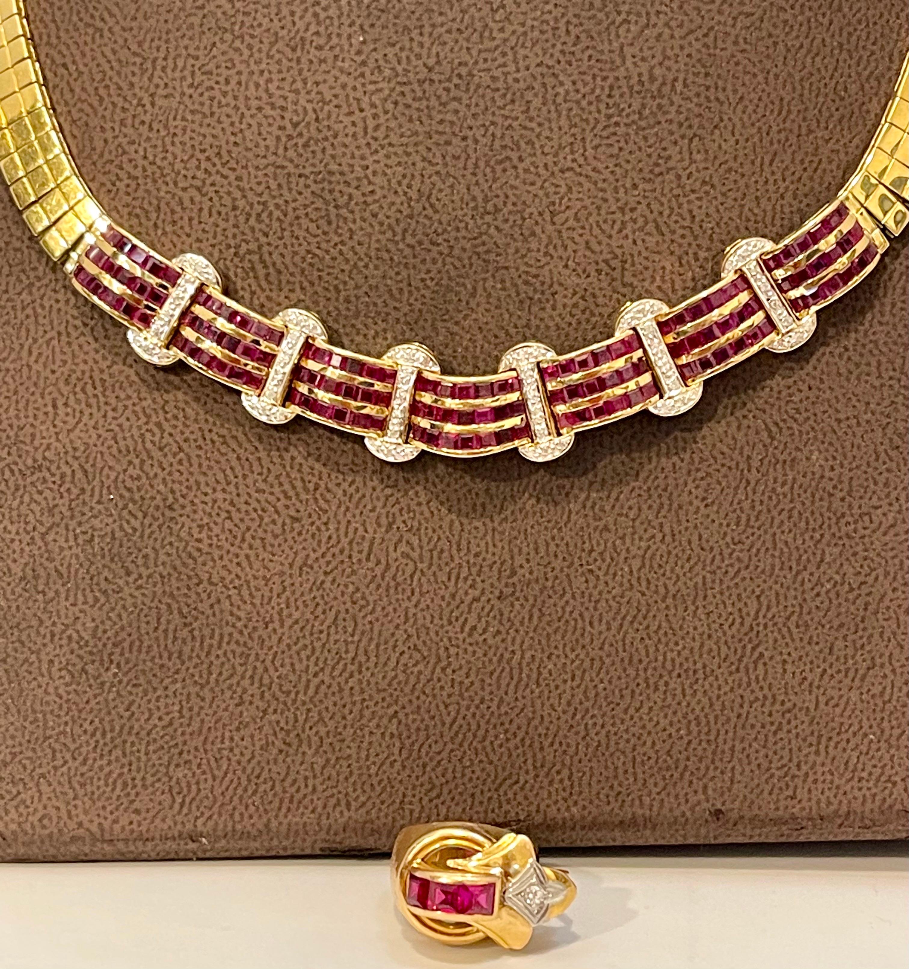 Natural 7 Ct Ruby and 2 Ct Diamond Necklace 18 Karat Yellow Gold With Ring 68 Grams
This Necklace   made out of 18 Karat  Yellow  gold . 
Necklace consisting of  6 stations of diamonds  and 7 sectors of invisible set Princess cut rubies
Total