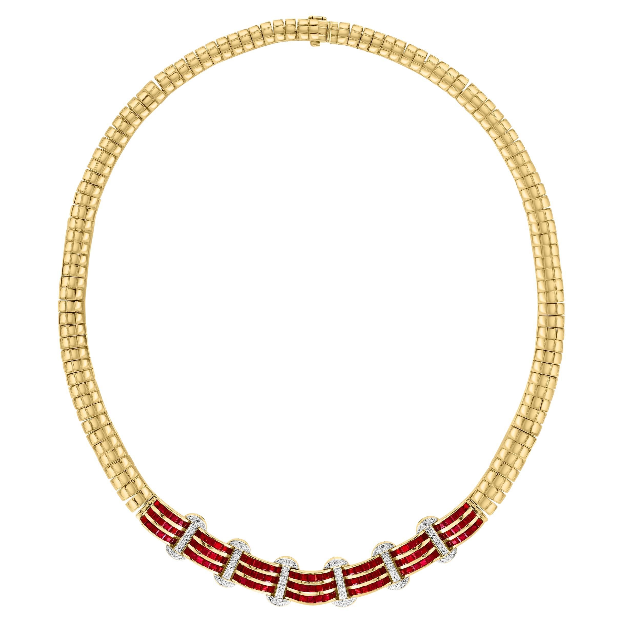 Natürliche 7 Karat Rubin & 2 Karat Diamant-Halskette aus 18 Karat Gelbgold mit Ring 68 Gramm