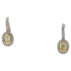 Natural .70 Carat Yellow Oval and White Diamond Gold Drop Earrings