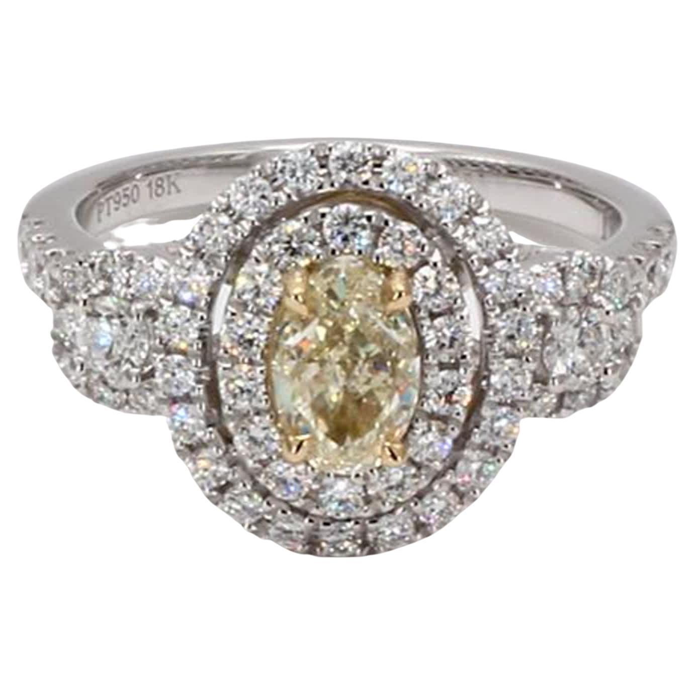 Natural Yellow Oval and White Diamond 1.45 Carat TW Platinum Cocktail Ring For Sale