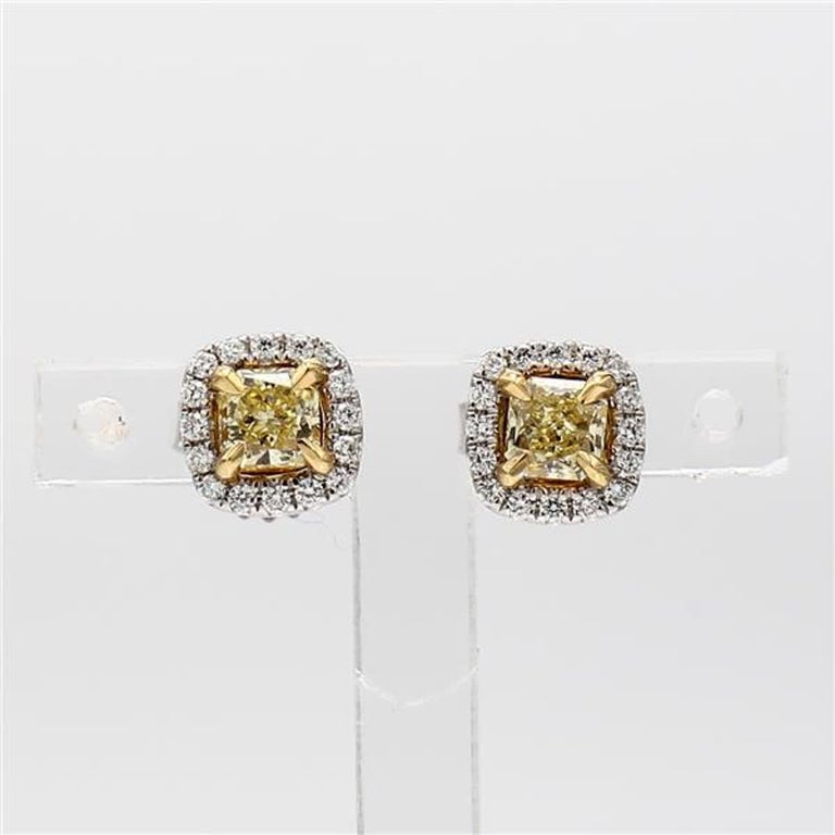 RareGemWorld's classic natural radiant cut yellow diamond earrings. Mounted in a beautiful 18K Yellow and White Gold setting with natural radiant cut yellow diamonds. The yellow diamonds are surrounded by small round natural white diamond melee.