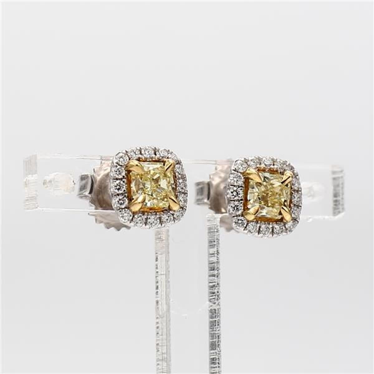 Radiant Cut Natural Yellow Radiant and White Diamond .89 Carat TW Gold Stud Earrings For Sale