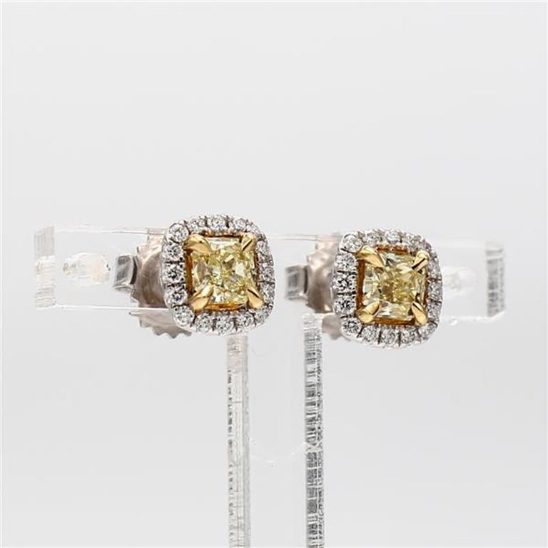Natural Yellow Radiant and White Diamond .89 Carat TW Gold Stud Earrings For Sale 1