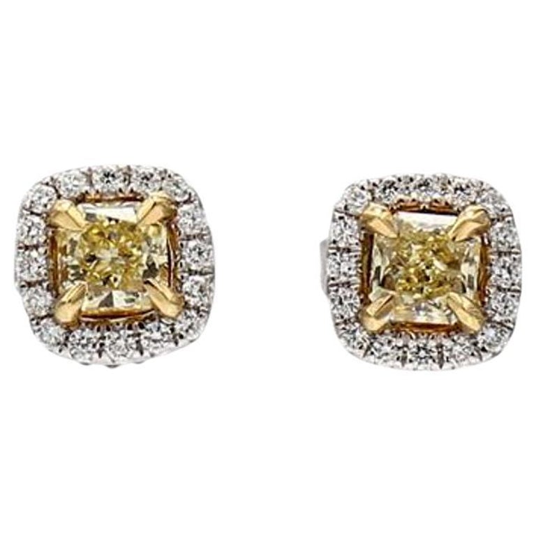 Natural Yellow Radiant and White Diamond .89 Carat TW Gold Stud Earrings For Sale