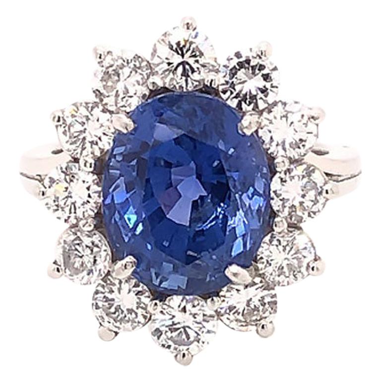 Natural 7.08 Carat Blue Ceylon Sapphire Diamond Halo Ring in Platinum