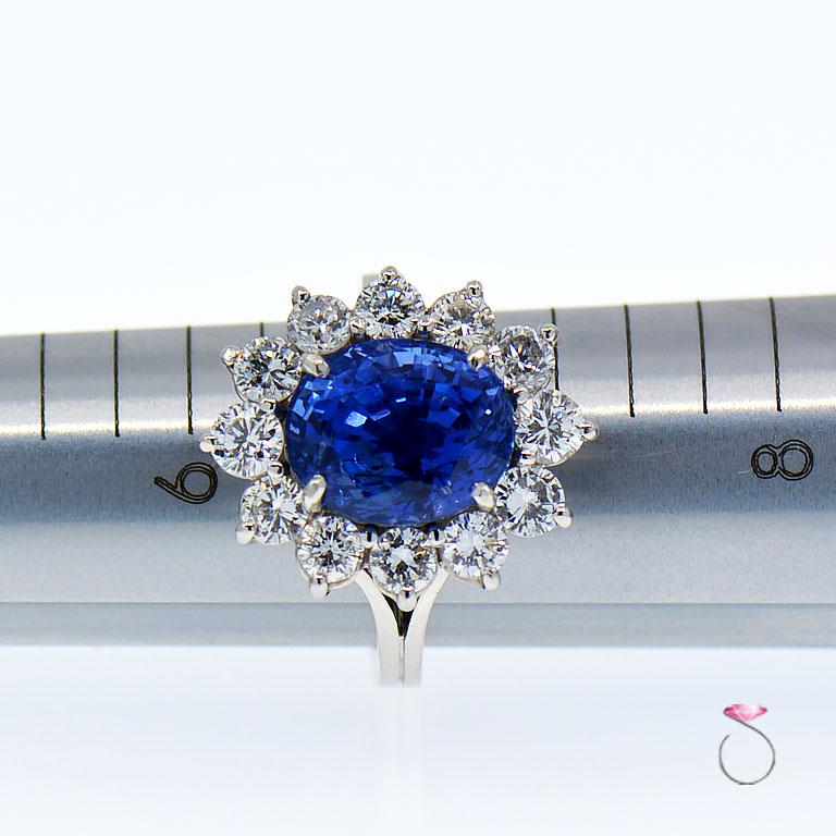 Natural 7.08 Carat Blue Ceylon Sapphire Diamond Halo Ring in Platinum For Sale 1