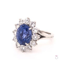 Natural 7.08 Carat Blue Ceylon Sapphire Diamond Halo Ring in Platinum