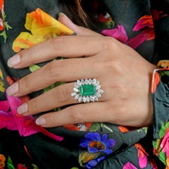 Natural 7.08Ct Emerald Birthstone Diamond Halo 18K White Gold Cocktail Ring