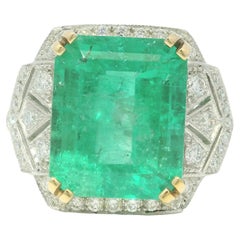 Natural 7.19 Carat Emerald & Diamond Platinum & 18-Karat Art Deco Ring In Stock