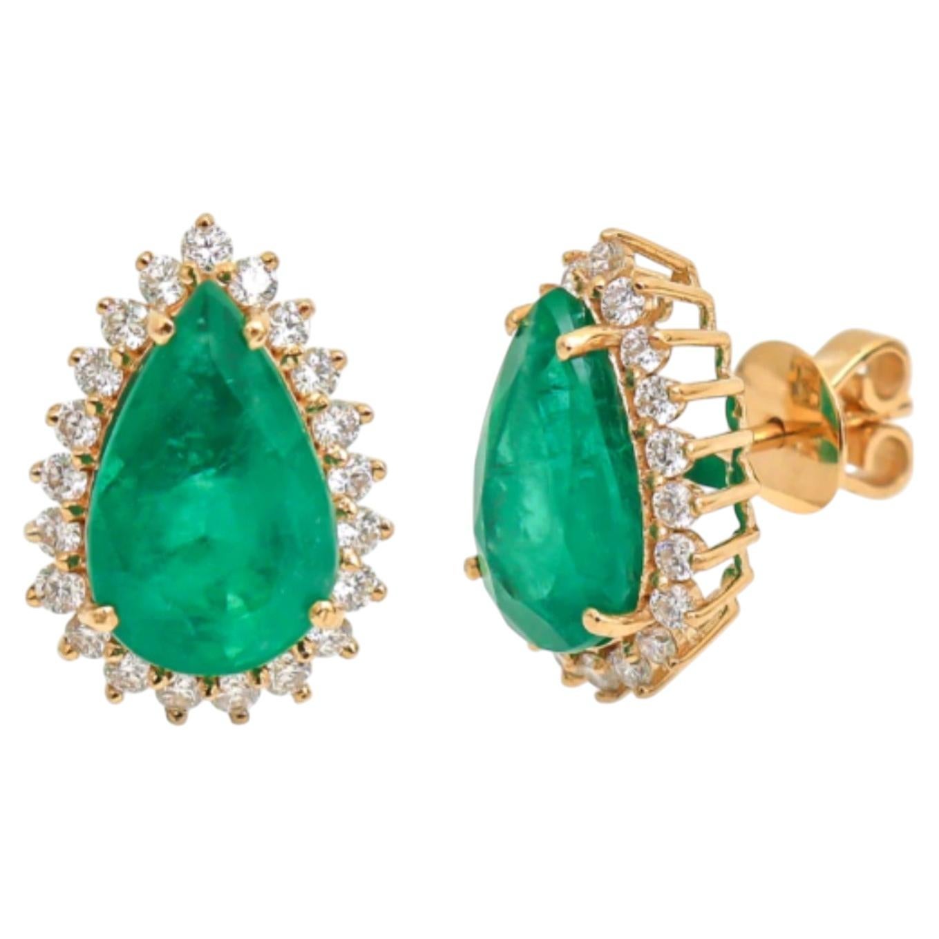 14K Yellow Gold Zambian Emerald & Diamond Stud Earrings