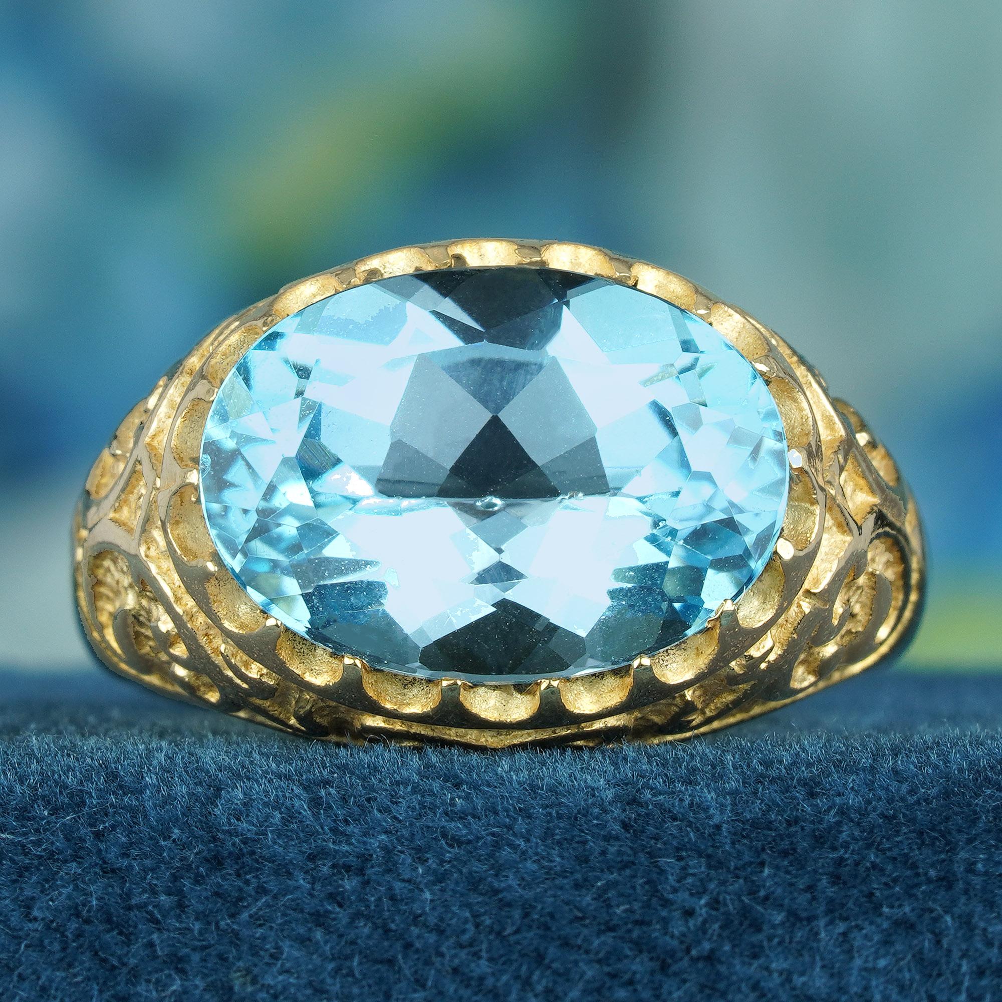 Edwardian Natural 7.25 Ct. Oval Blue Topaz Vintage Style Carved Ring in Solid 9K Gold For Sale