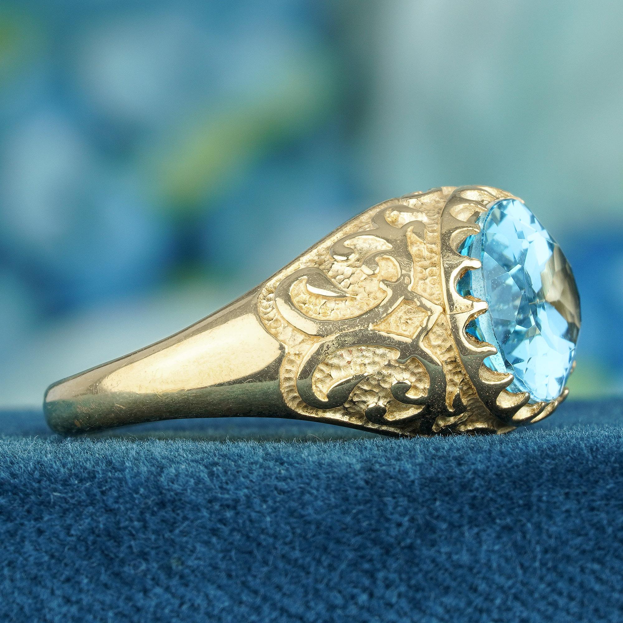 Oval Cut Natural 7.25 Ct. Oval Blue Topaz Vintage Style Carved Ring in Solid 9K Gold For Sale