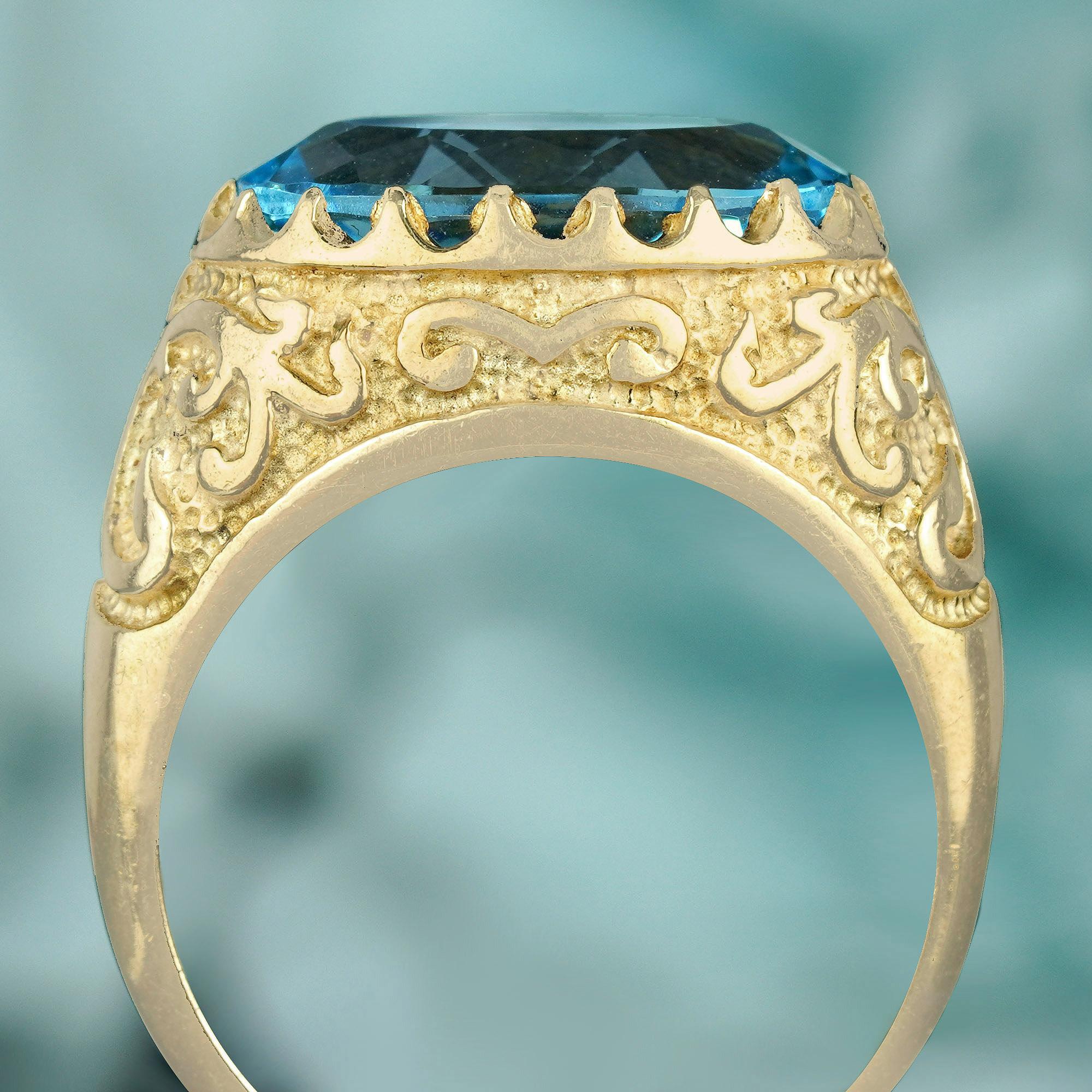 Natural 7.25 Ct. Oval Blue Topaz Vintage Style Carved Ring in Solid 9K Gold In New Condition For Sale In Bangkok, TH