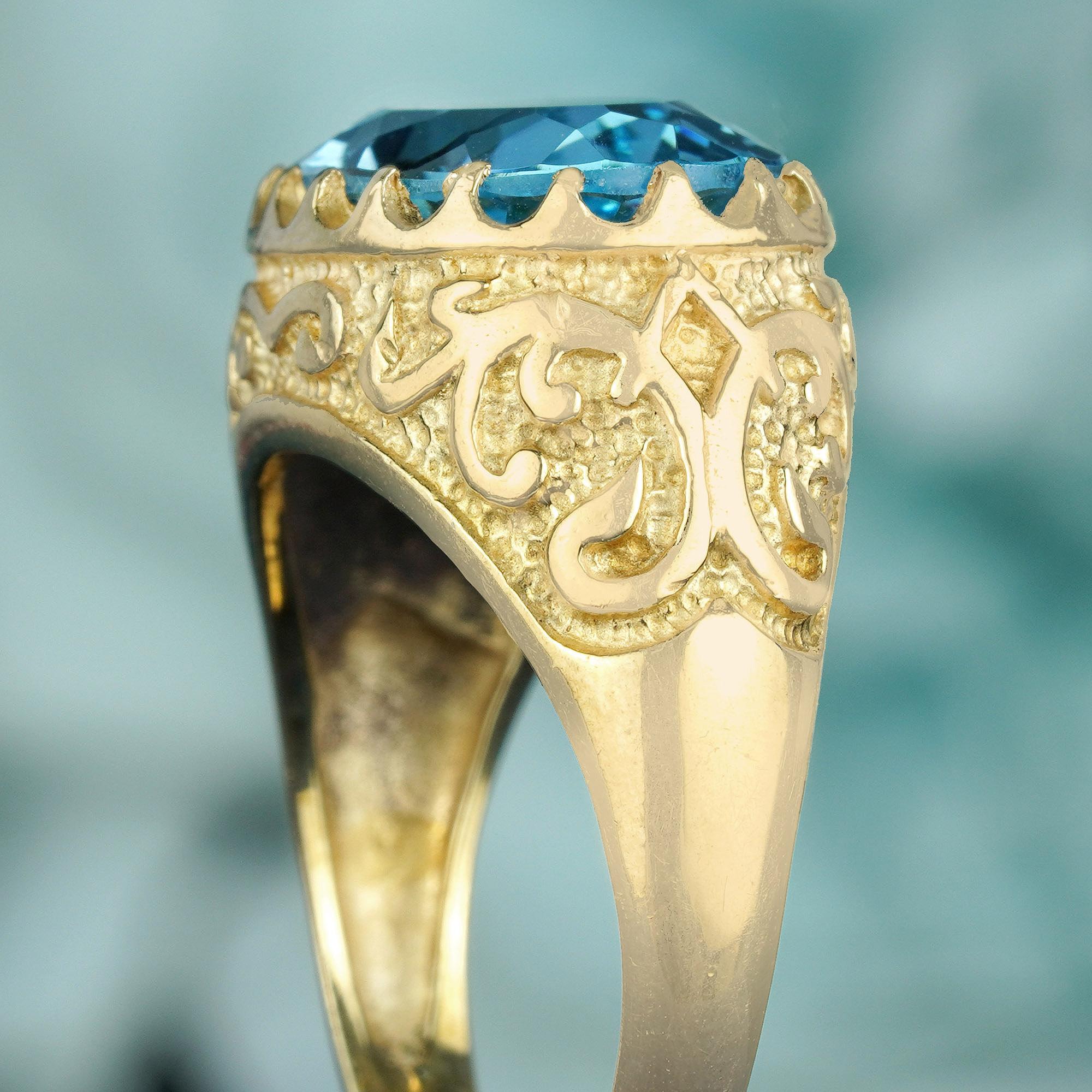 Women's Natural 7.25 Ct. Oval Blue Topaz Vintage Style Carved Ring in Solid 9K Gold For Sale