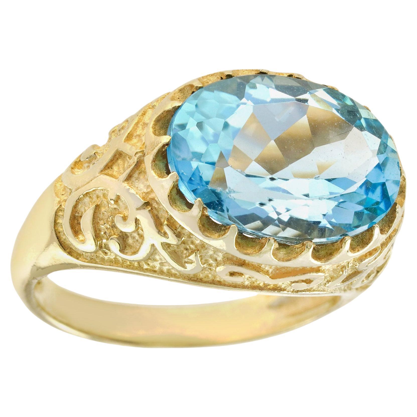 Natural 7.25 Ct. Oval Blue Topaz Vintage Style Carved Ring in Solid 9K Gold For Sale