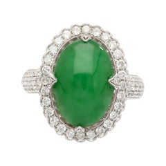 Natural 7.29 Carat Green Jade "A" Ring with Round Cut Diamond Halo in 18K Gold