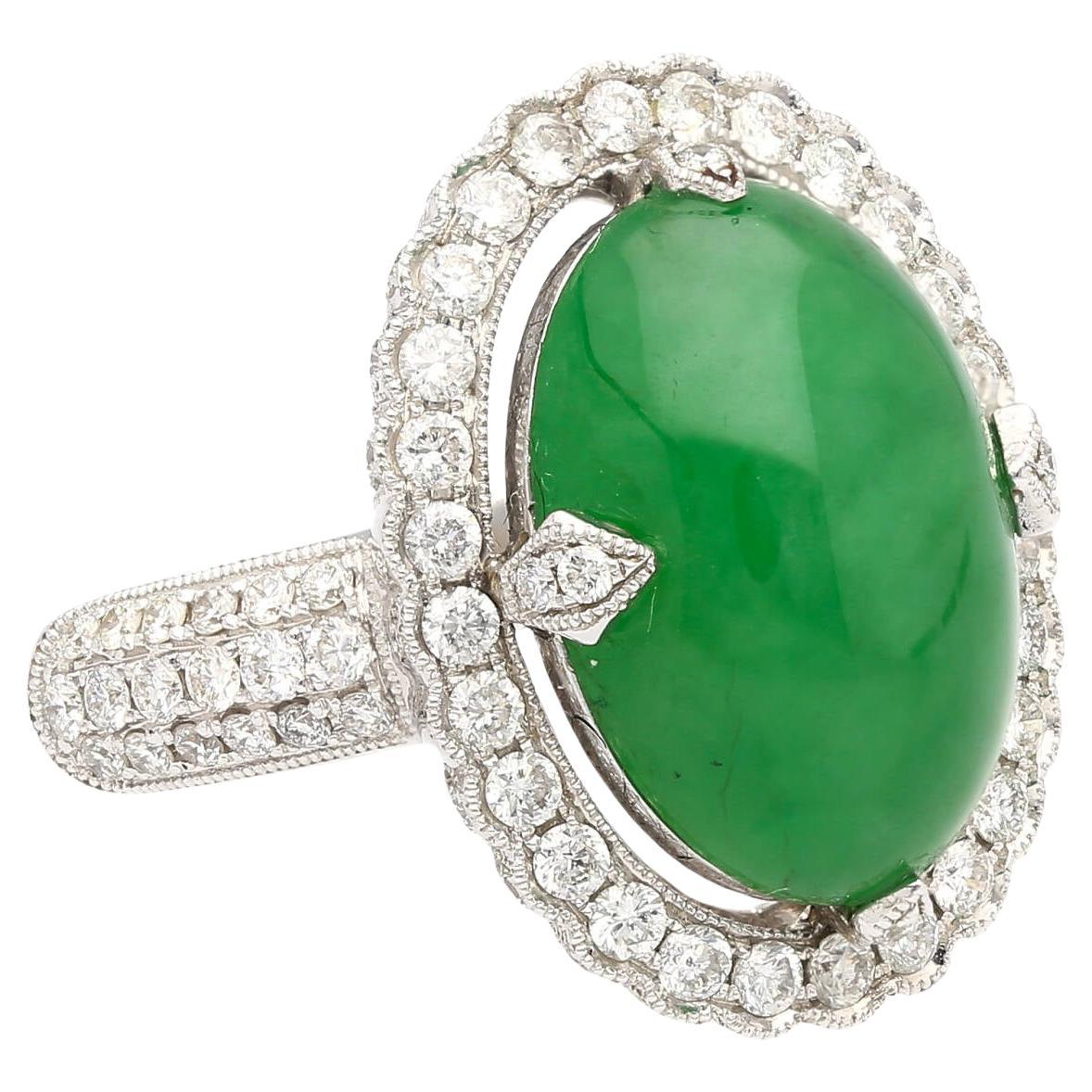 Natural 7.29 Carat Green Jade "A" Ring with Round Cut Diamond Halo in 18K Gold  For Sale