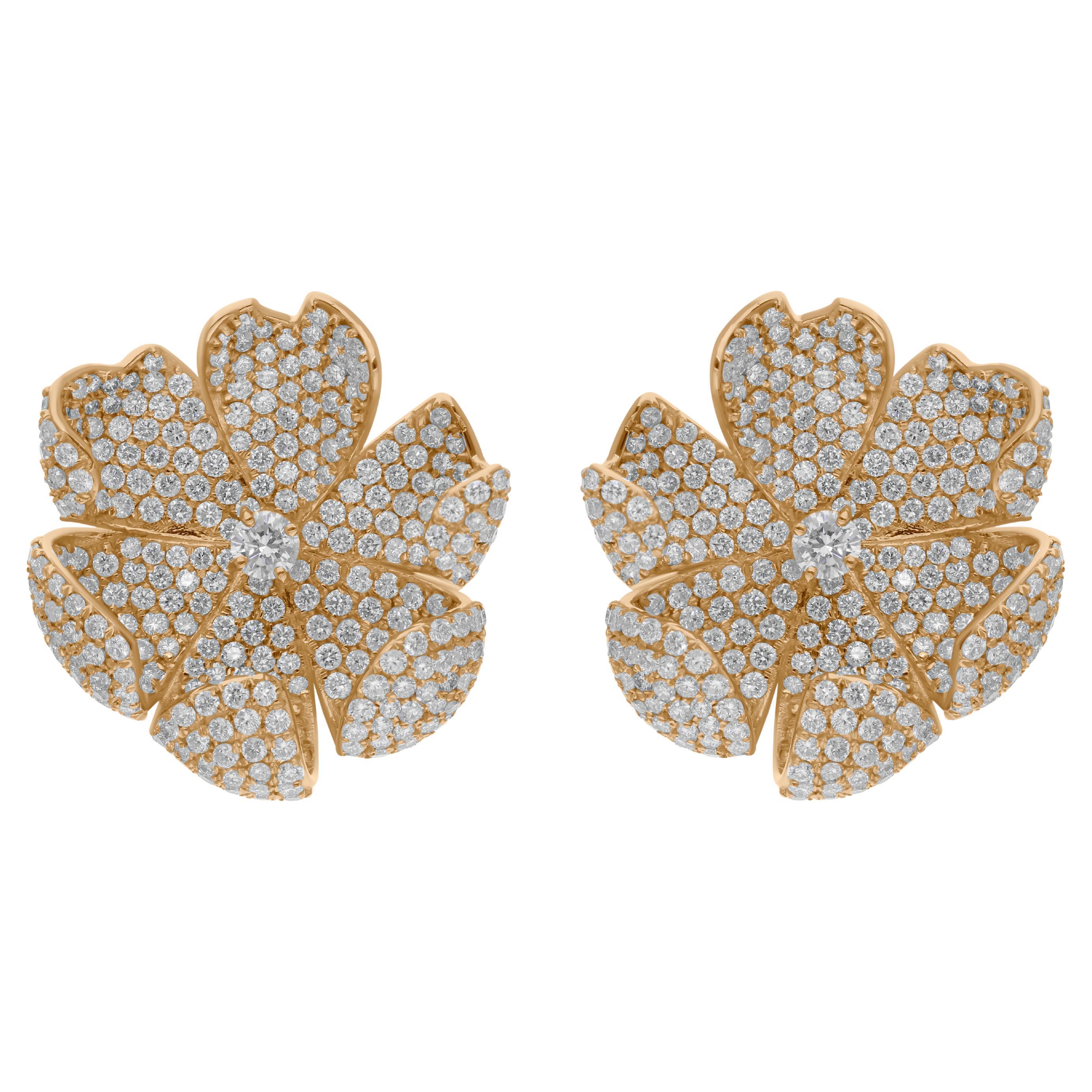 Natural 7.42 Carat SI Clarity Round Diamond Flower Earrings 14 Karat Yellow Gold
