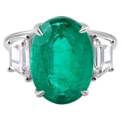Natural 7.57ct Emerald 0.98ct Diamond 18k White Gold Three Stone Ring